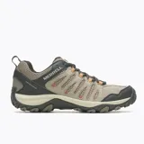 Championes de trekking Merrell Crosslander 3 para hombre, color beige con detalles en negro y naranja. Capellada de cuero y malla, puntera reforzada, forro de malla transpirable, plantilla Kinetic Fit BASE removible, amortiguación Merrell Air Cushion, entresuela de espuma EVA y suela de goma adherente.