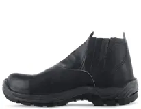 Botín de seguridad Worker de cuero negro con elásticos laterales, puntera reforzada y suela antideslizante.