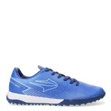Championes deportivos de hombre para fútbol 5, color azul con detalles en blanco y diseño aerodinámico.
