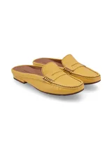 Zueco amarillo de cuero con detalle de antifaz cosido.