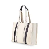 Bolso tipo tote bag color crudo con estampado del logo "Lincoln's" en negro. Tiene detalles en símil cuero negro en las asas y en la base.