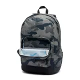 Mochila Columbia unisex con estampado de camuflaje en tonos grises y azules. Cuenta con un compartimento para ordenadores de hasta 15", bolsillo frontal para accesorios, bolsillo para botella de agua y panel acolchado.