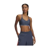 Top deportivo Under Armour color gris, con breteles finos cruzados en la espalda y banda elástica con logo de la marca en el contorno inferior.
