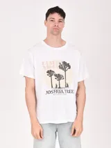 Remera blanca de algodón con estampado frontal de tres árboles de Josué en un círculo amarillo y texto "Desert Vibes" y "Joshua Tree National Park".
