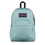 Mochila Jansport Superbreak Plus color celeste con logo rectangular de la marca en el frente.