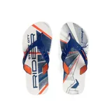 Ojotas Rider Street City con base blanca estampada con motivos geométricos en azul y naranja, y tiras de goma azul.