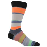 Calcetines de largo medio para hombre, con diseño a rayas horizontales en tonos naranja, gris, azul, verde y negro. El puño es negro liso.