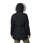 Campera Columbia Payton Pass II para mujer, color negro, con capucha desmontable con borde de piel sintética. Cuenta con tecnología impermeable y transpirable Omni-Tech™, forro térmico reflectante Omni-Heat™ Infinity y aislamiento sintético Omni-Heat™.