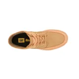 Bota acordonada color marrón claro, con suela de goma y logo de Caterpillar en el lateral.