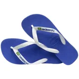 Ojotas Havaianas modelo Brasil Logo, color azul con tiras blancas y logo de Brasil.