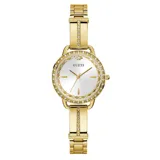 Reloj Guess dorado con esfera blanca y detalles de strass en el bisel y la pulsera.