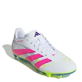 Championes de fútbol Adidas Predator Club FG/MG, color blanco con detalles en fucsia, amarillo y violeta. Diseñados para césped natural o sintético.