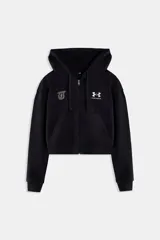Buzo con cierre frontal, color negro, de corte cropped y calce holgado. Presenta el logo de Under Armour en blanco en el pecho derecho y un diseño con pedrería blanca en forma de letra 'T' en el pecho izquierdo.