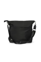 Bolso tipo tote color beige con base marrón y laterales negros. Tiene correa larga de tela negra regulable y doble asa de mano.