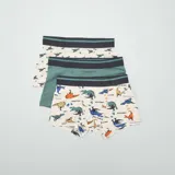 Pack de tres boxers con cintura elástica en color azul marino y verde. Uno de los boxers es de color verde liso, otro es de color beige con estampado de dinosaurios pequeños y el tercero es de color beige con estampado de dinosaurios grandes.