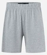 Conjunto de pijama para hombre, compuesto por remera blanca de algodón con cuello redondo y mangas cortas, y bermuda gris con cintura elástica.