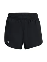 Short deportivo Under Armour Fly By 2 in 1 para mujer, color verde agua con detalles en blanco. Cuenta con cintura elástica, calza interior incorporada y bolsillo lateral con cierre.