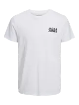 Camiseta blanca de manga corta y cuello redondo, con logo de la marca Jack & Jones estampado en el pecho.