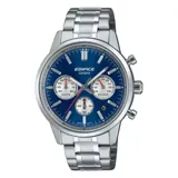 Reloj Casio Edifice con caja y correa de acero inoxidable plateado. Presenta una esfera azul con tres subesferas blancas para cronógrafo (minutos, 24 horas y segundos) y marcadores de hora aplicados. Posee agujas plateadas y una aguja de cronógrafo central en color rojo.