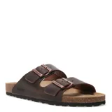 Sandalias de hombre Freeway de cuero marrón chocolate, con dos hebillas ajustables y plantilla de corcho.