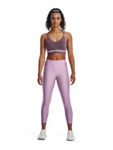 Calza de mujer Under Armour HeatGear® de tiro alto hasta el tobillo, color gris azulado, con cintura antideslizante y logo en la pierna.