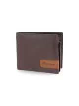 Billetera de cuero marrón con detalle de cuero color tostado en la esquina inferior derecha y logo de la marca Terrano grabado.