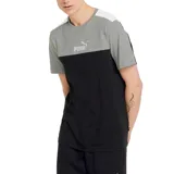 Remera Puma ESS+ Block de hombre, con diseño de bloques de color gris, blanco y negro, logo estampado en el pecho y corte clásico.