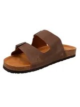 Sandalia de cuero color chocolate con doble hebilla ajustable y suela de goma.