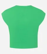 Blusa verde sin mangas, confeccionada en tejido rib con textura de rayas.