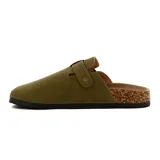 Zuecos casuales color verde oliva, con hebilla ajustable y plantilla de corcho.