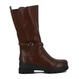 Bota de dama de caña media color marrón oscuro, con dos tiras cruzadas y hebilla decorativa.