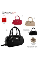 Cartera negra con correa larga regulable y desmontable, doble asa corta, cierre superior y logo de labios plateado. Interior forrado con bolsillos.