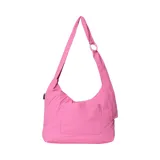 Bolso tipo hobo, color rosado, con correa de hombro y bolsillo frontal.