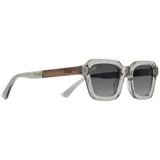 Lentes de sol con marco transparente, lentes grises degradadas y patillas negras.