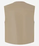 Chaleco color beige de corte sastrero con cierre frontal de cremallera, cuello redondo y bolsillos con solapa.