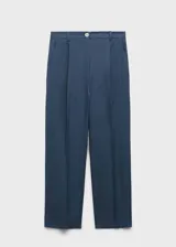 Pantalón de lino azul con cintura elástica, trabillas, cierre frontal con cremallera y botón, diseño recto, largo y tiro alto.