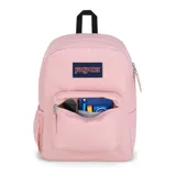 Mochila JanSport color rosa claro, con logo de la marca en el frente, un compartimento principal, un bolsillo frontal con organizador, espalda acolchada y tirantes ergonómicos.