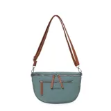 Riñonera color verde agua con correa marrón ajustable y desmontable. Tiene un bolsillo frontal con cierre y el logo de la marca en el frente.