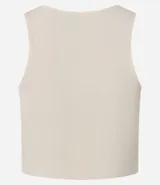 Top cropped sin mangas, color marrón oscuro, de corte ajustado al cuerpo y cuello redondo. Presenta textura acanalada.