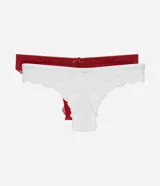 Pack de dos bombachas tipo bikini hilo doble, una roja y otra blanca, ambas de encaje floral.