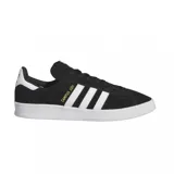 Zapatillas deportivas de gamuza negra con tres franjas blancas, diseño clásico.