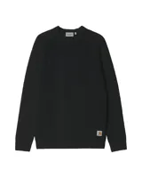 Sweater de punto negro con efecto tweed o salpicado de colores (rojo, verde, amarillo) en la trama. Presenta cuello redondo, mangas raglán y puños y ruedo acanalados. Lleva un pequeño parche con el logo de Carhartt WIP en la parte inferior izquierda.