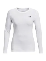 Remera blanca de manga larga Under Armour HeatGear Compression, con logo negro en el pecho y calce ajustado.