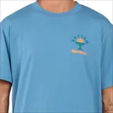 Remera celeste de manga corta con cuello redondo y estampado pequeño en el pecho.