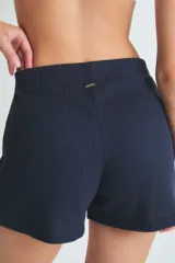 Short azul de morley pesado con cintura elastizada y cartera falsa con botones.