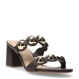 Sandalia de mujer Bottero color marrón con apliques metálicos dorados y taco cuadrado.