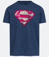 Remera azul de manga corta con cuello redondo y estampado del logo de Superman en el pecho.