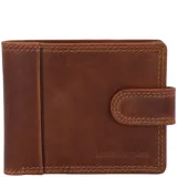 Billetera de cuero marrón con costuras a la vista, múltiples ranuras para tarjetas, ventana para identificación y tecnología RFID para protección contra el robo de datos.