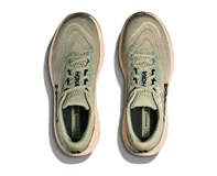 Championes de running Hoka Rincon 4, color verde con detalles en negro y suela en tonos rosa y verde.