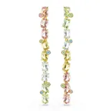 Aros largos con baño de oro y diseño asimétrico con cristales multicolores engarzados en forma de burbuja. Cierre de mariposa.